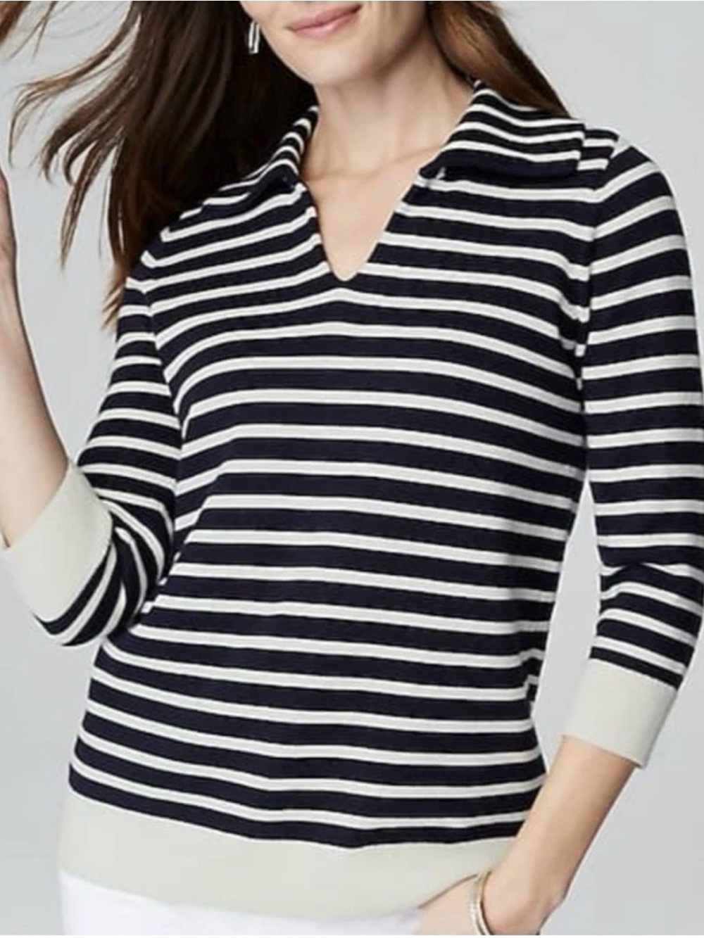 J. Jill Navy and White Striped V-Neck Sweater